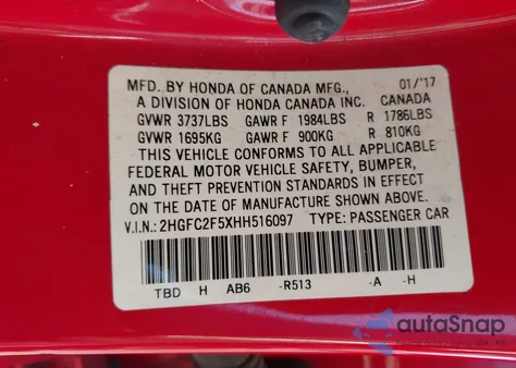 2017 Honda Civic Lx from USA, damaged, VIN 2HGFC2F5XHH516097